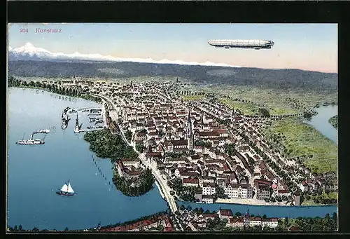 AK Konstanz, Teilansicht mit Zeppelin