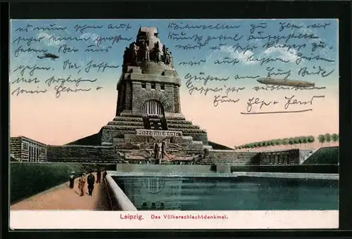 AK Leipzig, Das Völkerschlachtdenkmal mit Luftschiff Zeppelin