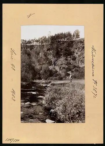 Fotografie Brück & Sohn Meissen, Ansicht Niederschöna, Mann am Fluss im Bobritzbachtalmit Blick zur Teufelskanzel