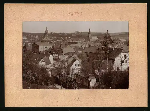 Fotografie Brück & Sohn Meissen, Ansicht Döbeln i. Sa., Ortspanorama mit Kirchtürmen, Rückseite mit Ansichtskarte