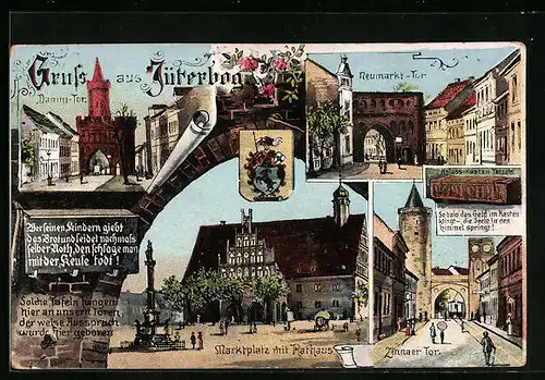Lithographie Jüterbog, Damm-Tor, Neumarkt-Tor, Marktplatz mit Rathaus
