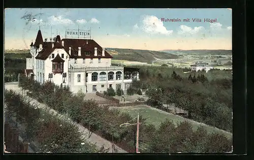 AK Bredeney, Hôtel-Restaurant Ruhrstein, Inhaber: Waldemar Müller, Ansicht mit Villa Hügel