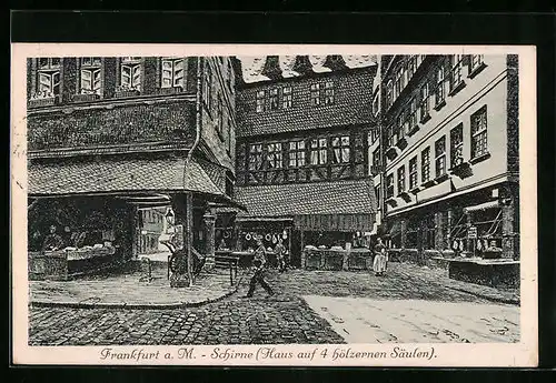 AK Frankfurt a. M., Schirne, Haus auf vier hölzernen Säulen