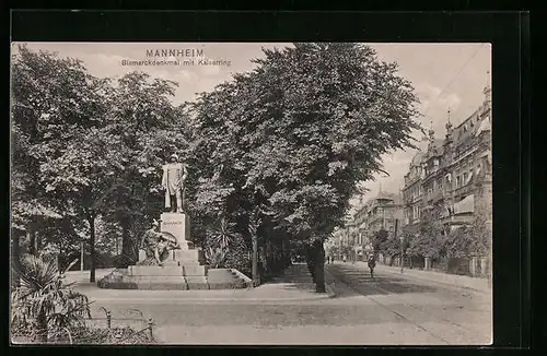 AK Mannheim, Bismarckdenkmal mit Strasse Kaiserring