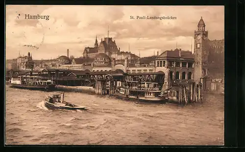 AK Hamburg-St.Pauli, St. Pauli-Landungsbrücke mit Dampfern