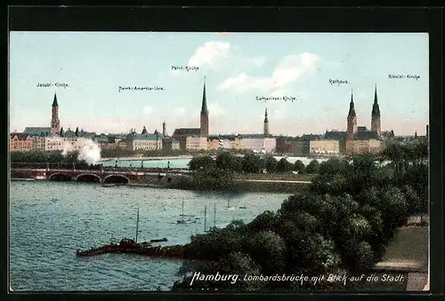 AK Hamburg, Lombardsbrücke und Blick auf die Stadt mit Petri-Kirche, Jacobi-Kirche und Rathaus