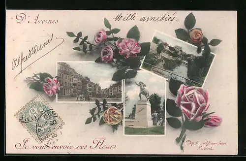 Künstler-AK Avesnes, Rosen, Ortspartie, Wehr, Denkmal