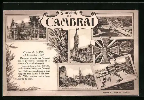 AK Cambrai, Souvenir - L`Eglise, Hotel de Vile, Citation de la Ville 1919