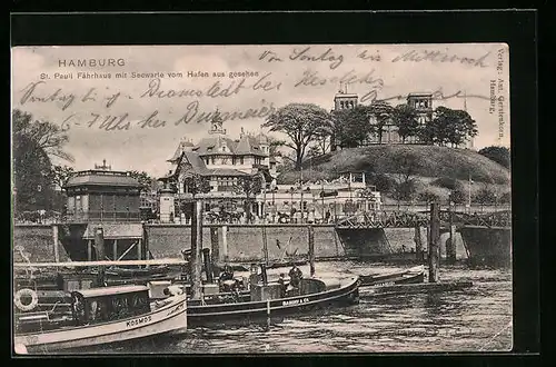 AK Hamburg-St. Pauli, Fährhaus mit Seewarte vom Hafen aus