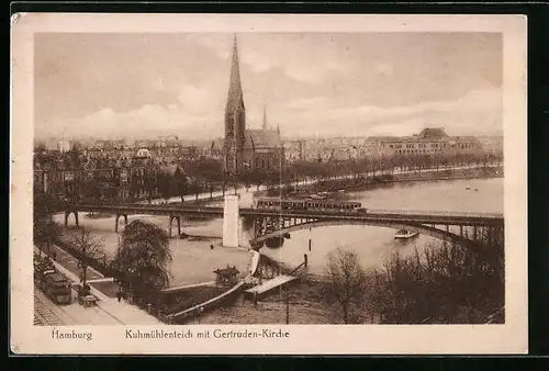 AK Hamburg-Uhlenhorst, Kuhmühlenteich mit Gertruden-Kirche