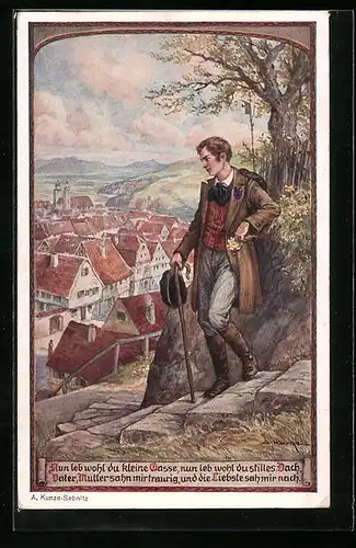 Künstler-AK Junger Mann verabschiedet sich von seinem Heimatort