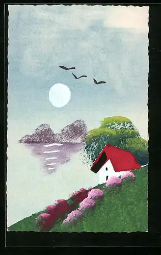 Künstler-AK Handgemalt: Uferpartie mit Haus und Vögeln, Schablonenmalerei