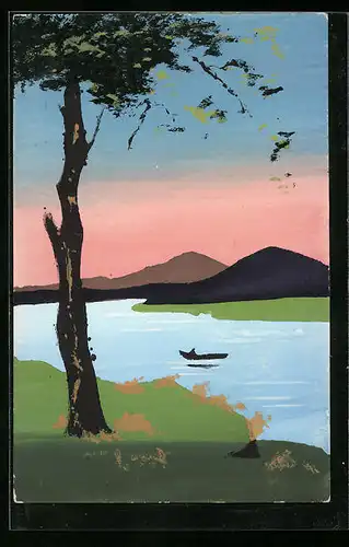 Künstler-AK Handgemalt: Uferpartie mit Baum und Boot, Schablonenmalerei