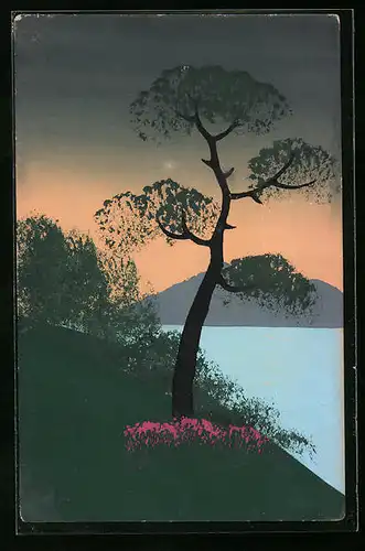 Künstler-AK Handgemalt: Uferpartie mit Baum, Schablonenmalerei