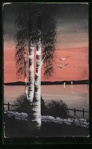 Künstler-AK Handgemalt: Uferpartie mit Birken am Abend, Schablonenmalerei