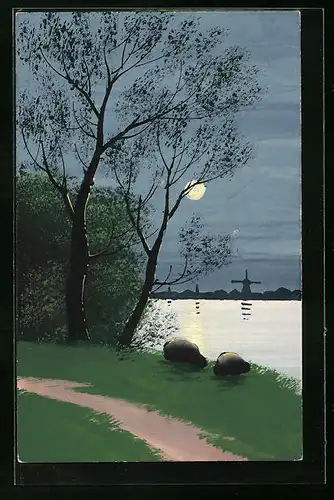 Künstler-AK Handgemalt: Uferpartie mit Bäumen bei Mondschein, Im Hintergrund Windmühlen, Schablonenmalerei