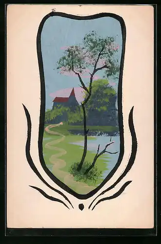Künstler-AK Handgemalt: Uferpartie mit Kirche und Bäumen, Schablonenmalerei