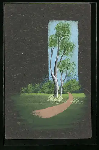 Künstler-AK Handgemalt: Bäume auf einer Wiese, Schablonenmalerei