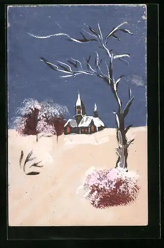 Künstler-AK Handgemalt: Winterliche Landschaft mit Kirche und Bäumen, Schablonenmalerei