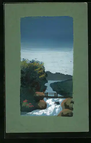 Künstler-AK Handgemalt: Uferpartie mit Brücke, Schablonenmalerei