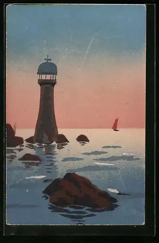 Künstler-AK Handgemalt: Leuchtturm mit Segelboot, Schablonenmalerei