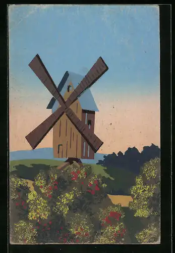 Künstler-AK Handgemalt: Landschaft mit Windmühle, Schablonenmalerei