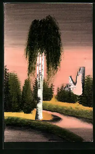 Künstler-AK Handgemalt: Ortspartie mit Ruine und Baum, Schablonenmalerei