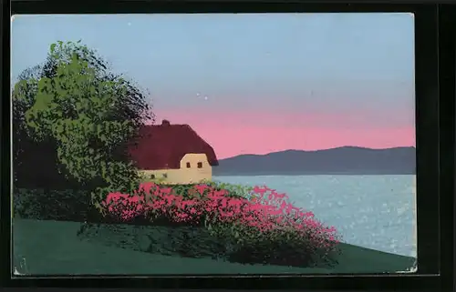 Künstler-AK Handgemalt: Uferpartie mit Haus, Schablonenmalerei