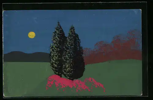 Künstler-AK Handgemalt: Landschaft mit Bäumen bei Mondschein, Schablonenmalerei