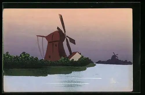 Künstler-AK Handgemalt: Uferpartie mit Windmühlen, Schablonenmalerei
