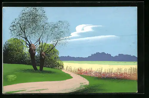 Künstler-AK Handgemalt: Landschaft mit Feldweg und Bäumen, Schablonenmalerei