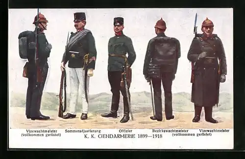 AK K. K. Gendarmerie, verschiedene Ränge und ihre Uniformen