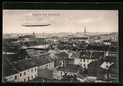 AK Düsseldorf, Ortsansicht aus der Vogelschau mit Zeppelin
