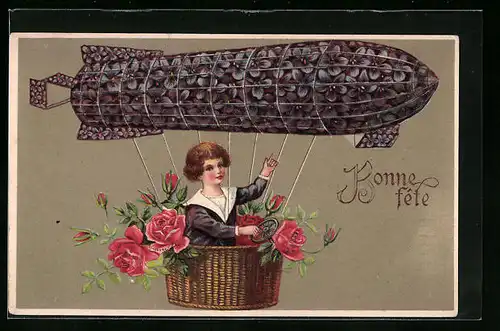 Präge-AK Blumenbild eines Zeppelins mit kleinem Burschen im Matrosenanzug