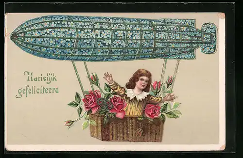 Präge-AK Blumenbild eines Zeppelins mit niederländischen Glückwünschen