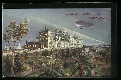 Künstler-AK Lido di Venezia, Excelsior Palace Hotel mit Zeppelin