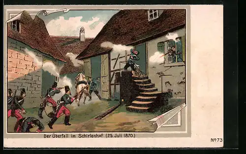 Künstler-AK Gundershofen, Der Überfall im Schirlenhof, 25. Juli 1870