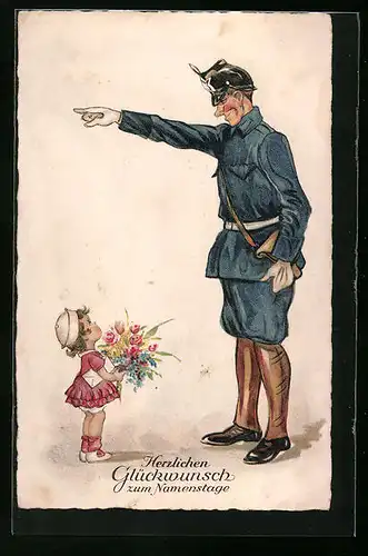 AK Polizist und kleines Mädchen mit Blumen, Glückwunsch zum Namenstag