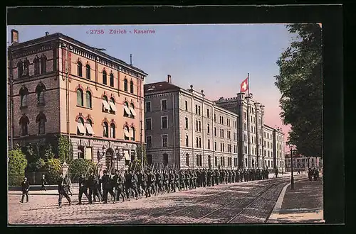 AK Zürich, Kaserne mit Soldatenparade