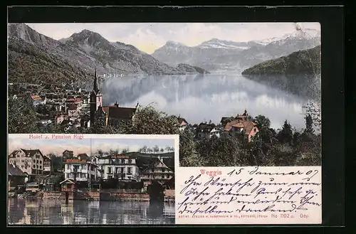 AK Weggis, Hotel und Pension Rigi, Teilansicht mit Kirche