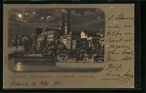 Mondschein-Lithographie Basel, Rheinansicht mit Münster im Mondlicht
