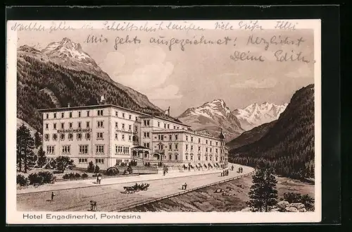 AK Pontresina, Hotel Engadinerhof mit Passanten