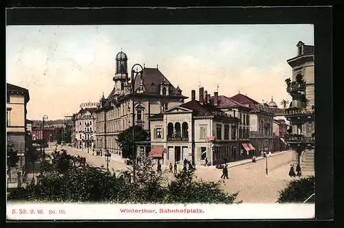 AK Winterthur, Strassenpartie am Bahnhofsplatz