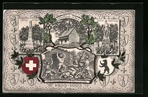 Künstler-AK Stoss, Denkmal Vögelinsegg, Schlachtkapelle, Uli Rotach in der Schlacht 17. Juni 1405, Wappen