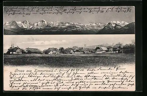 AK Zimmerwald, Totalansicht der Ortschaft mit Alpenpanorama