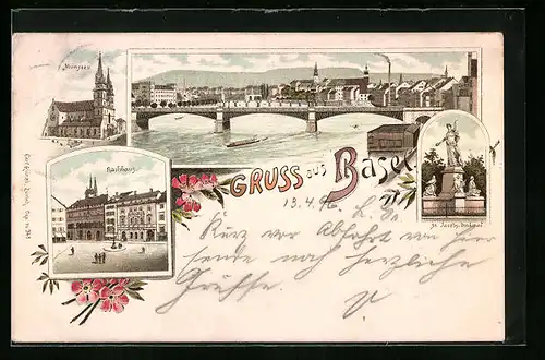 Lithographie Basel, Münster, Totalansicht, Rathaus und St. Jacobs-Denkmal
