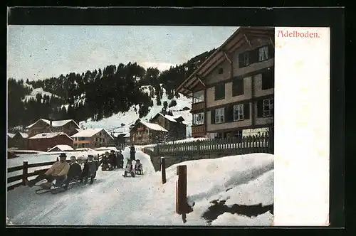 AK Adelboden, Rodler auf einer abschüssigen Strasse