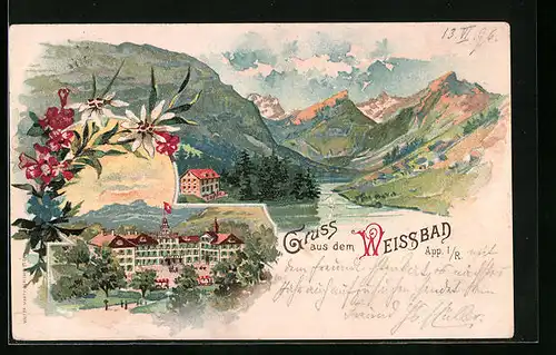 Lithographie Weissbad /App., Hotel, Blick ins Tal