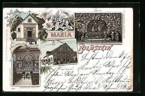 Lithographie Maria Bildstein, Pilgerhaus, Grotte, Kapelle