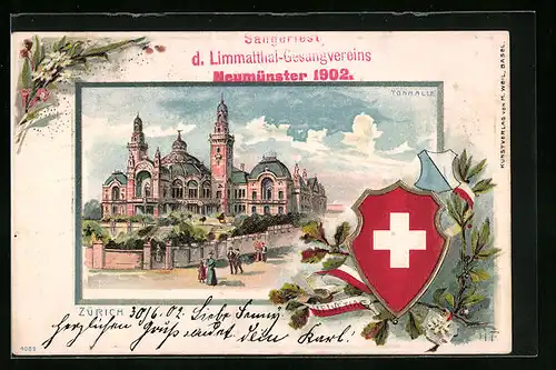 Lithographie Zürich, Darstellung der Tonhalle, Wappen
